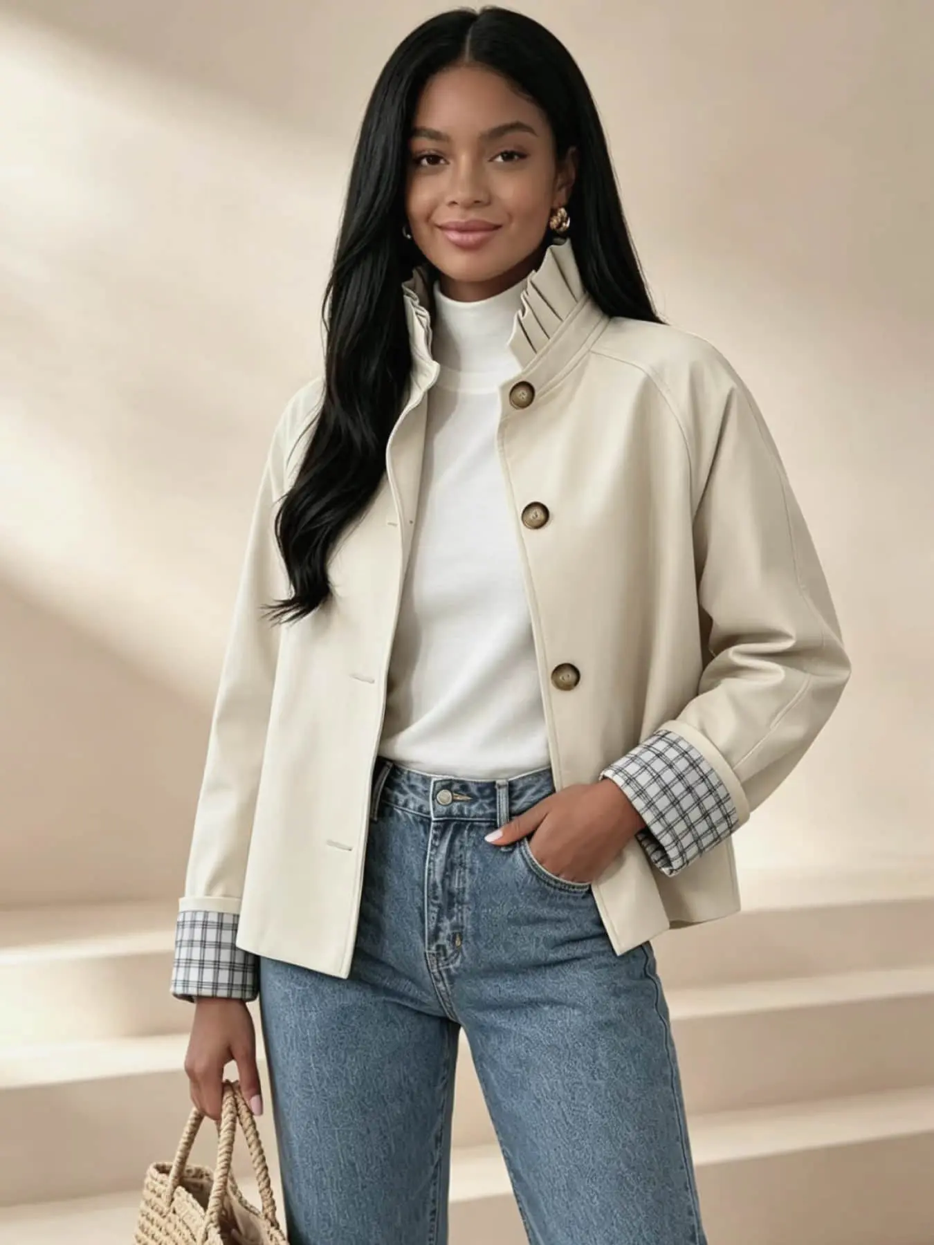 A fashionable women's Korean casual pleated lace collar with plaid cuffs and loose leather jacket, Outerwear, suitable for summer, suitable for daily commuting, girlfriends' gatherings, exploring stores, and checking in