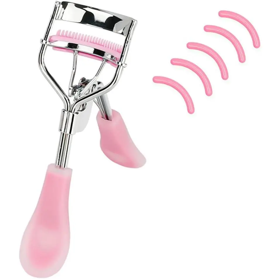 Stainless Steel Eyelash Curler with Built-in Comb, Pinch-Free Design for Long Lasting Curly Lashes, Fits All Eye Shapes with 5 Refill Pads - Hazy Pink, 10.7*3.5Cm, Long Lashes, Lashes On Fleek