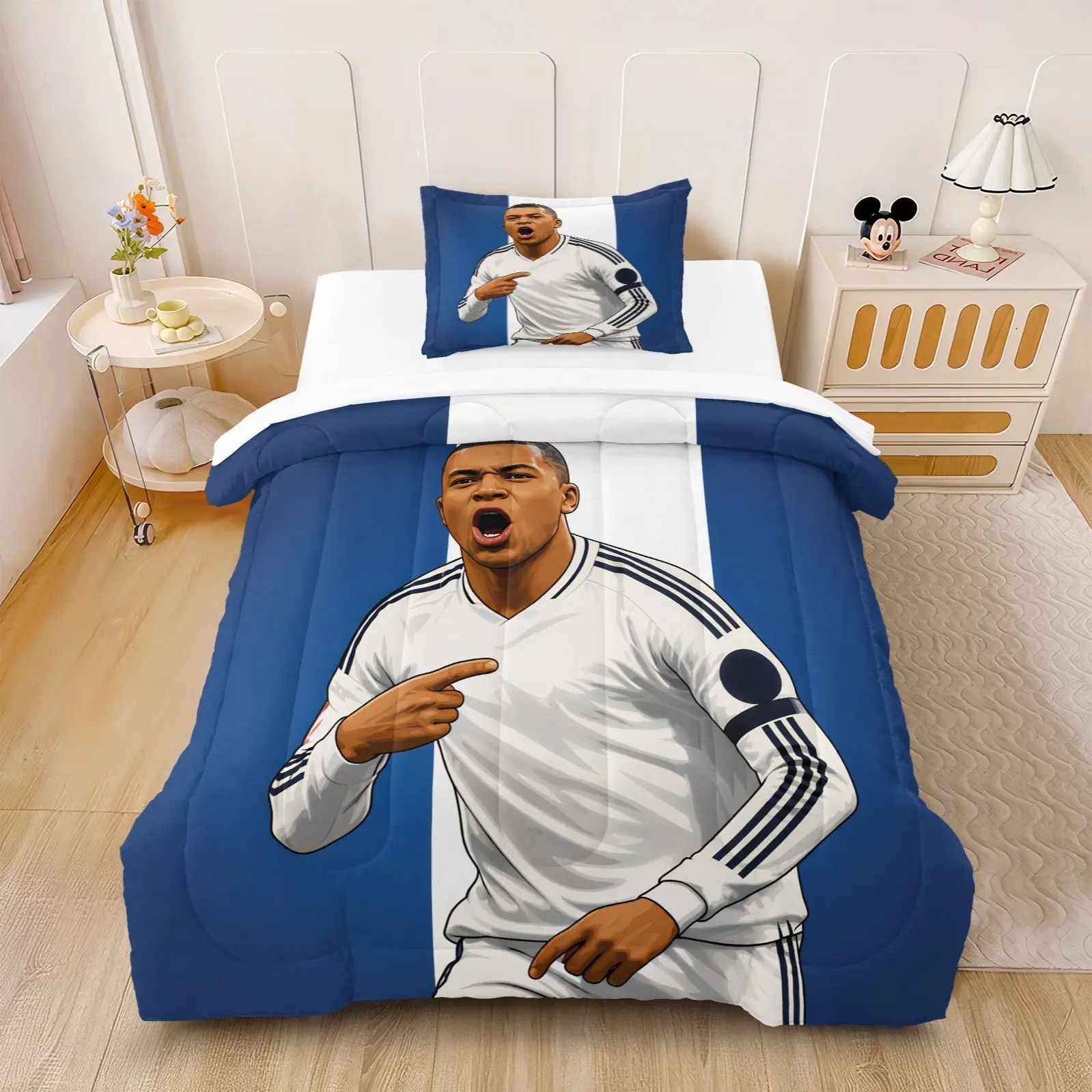 2/3Pcs Blue White Red Color Block Soccer Comforter Set, Fluffy Warm Exquisite Print Craft, Trendy Stadium Art Design, Perfect For Bedroom Dorm, Full Sleep Bedding Set For Soccer Enthusiasts (With Filling, No Pillow Insert)