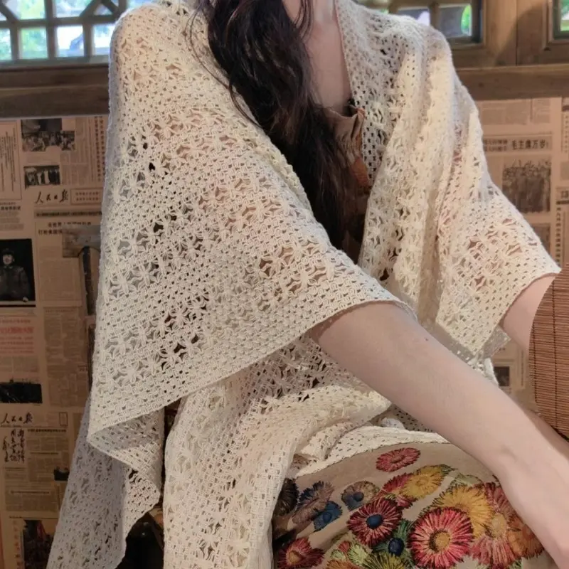 New Solid Color Knit Hollow Out Ethnic Shawl, Premium Cape for Summer, Travel Outerwear for Women