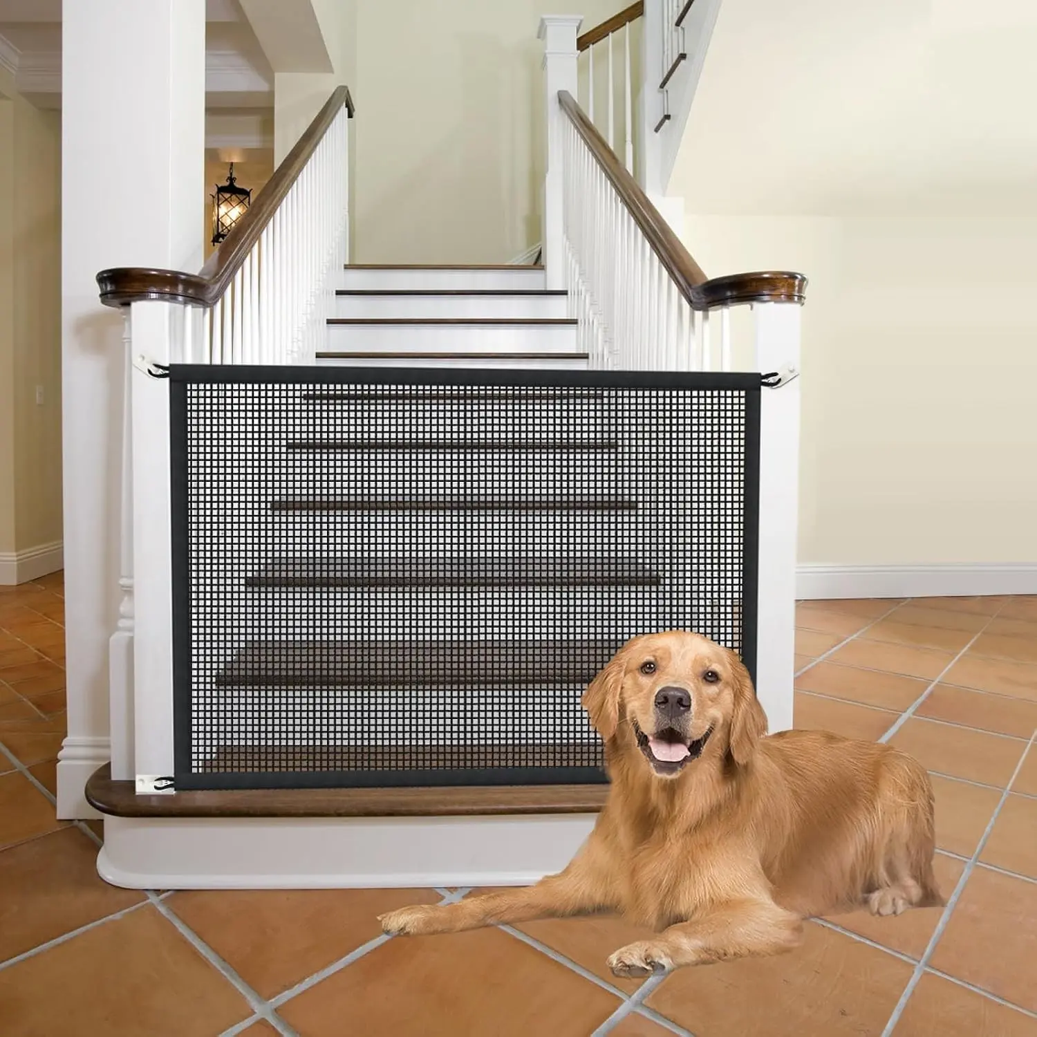 Dog Mesh Fabric Stair Gate - Indoor Safety Barrier for House Doorways, 29in Tall, 38in Wide, Universal Fit for 32-35in Openings