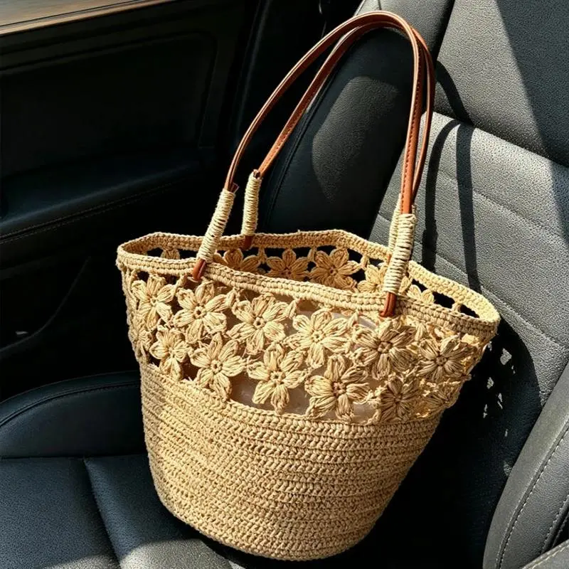 Women's Large Capacity Hand-Crocheted Raffia Straw Tote Handbag - Boho Hollow Flower Knit Design for Summer Beach, Vacation Shoulder Use