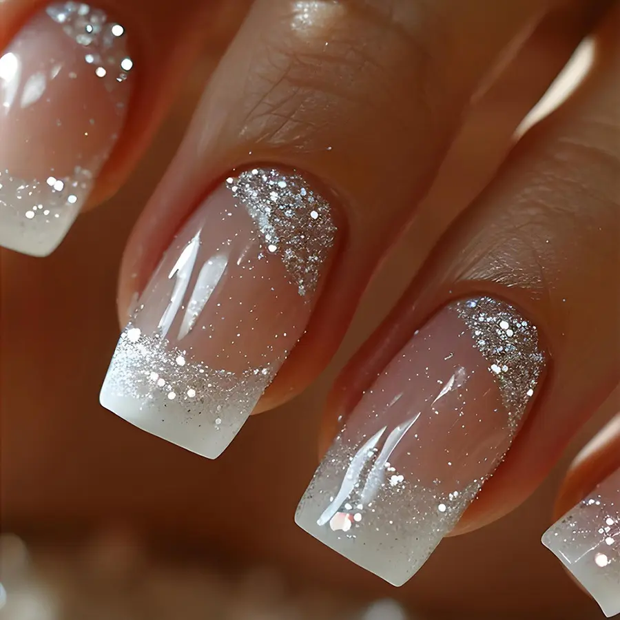 White Glitter Gradient French Press On Nails Short Square Sheer Nude Sparkly Silver Sequin Fake Nails Wedding Daily, French Tips Nails, Nail Designs