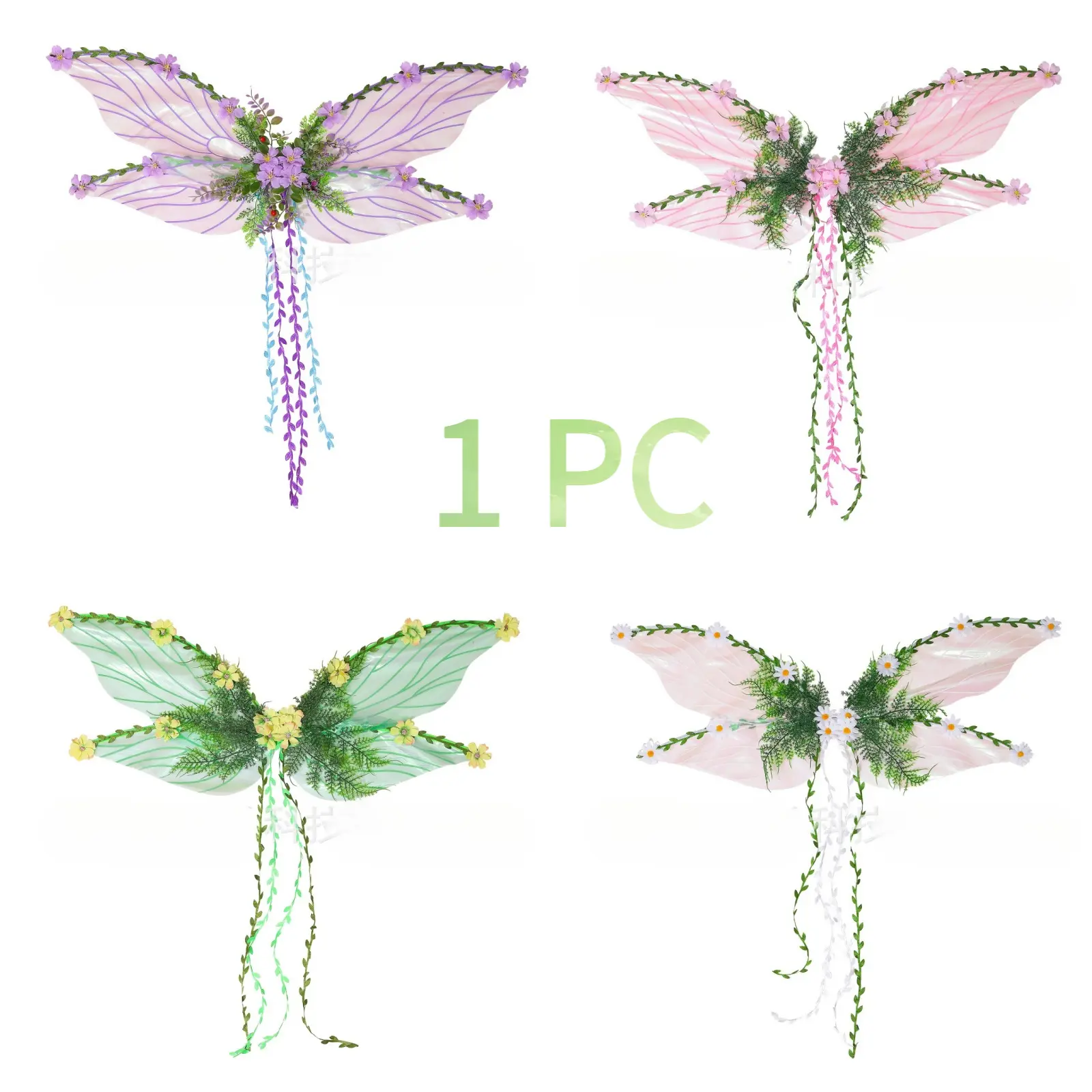 Floral Cicada-Style Fairy Wings, Iridescent Elf Costume Prop with Greenery & Daisy Accents, Ideal for Halloween, Christmas, Cosplay & Themed Parties