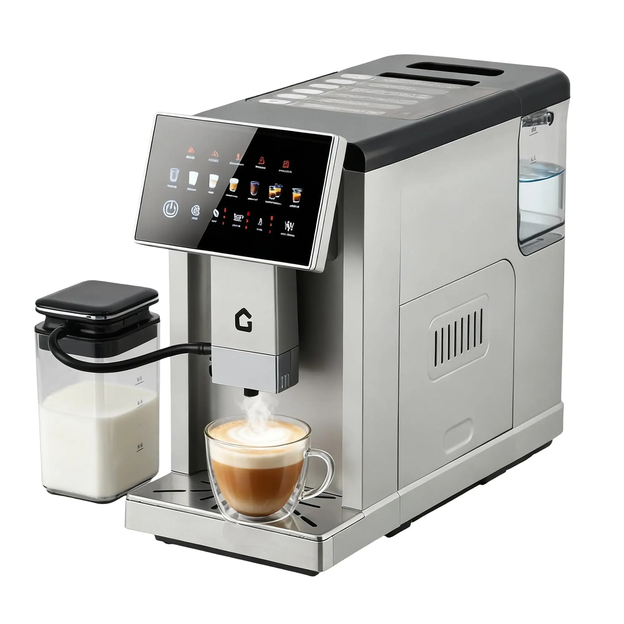Super Automatic Coffee Machine with Milk Frother, 20 Bar Latte Cappuccino Maker with Conical Burr Grinder, 1.5L Smart Touch Screen Espresso Machine One Touch 6 Recipes for Home Office Removable Milk Box