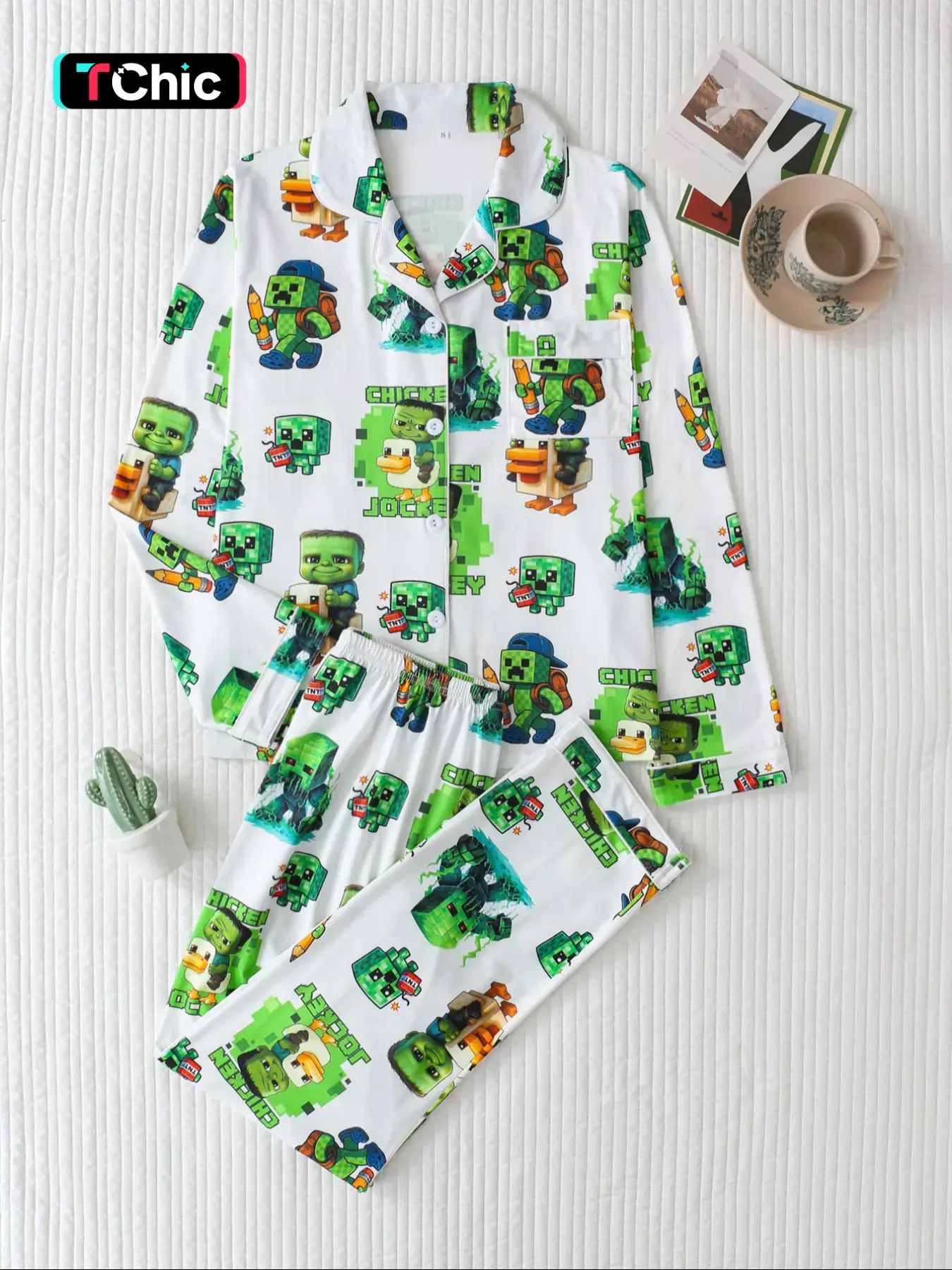 Minecraft Cartoon Style Kids' Long Sleeve Pajamas Set, Button Front Top & Loose Comfortable Pants, Casual Spring & Fall Sleepwear