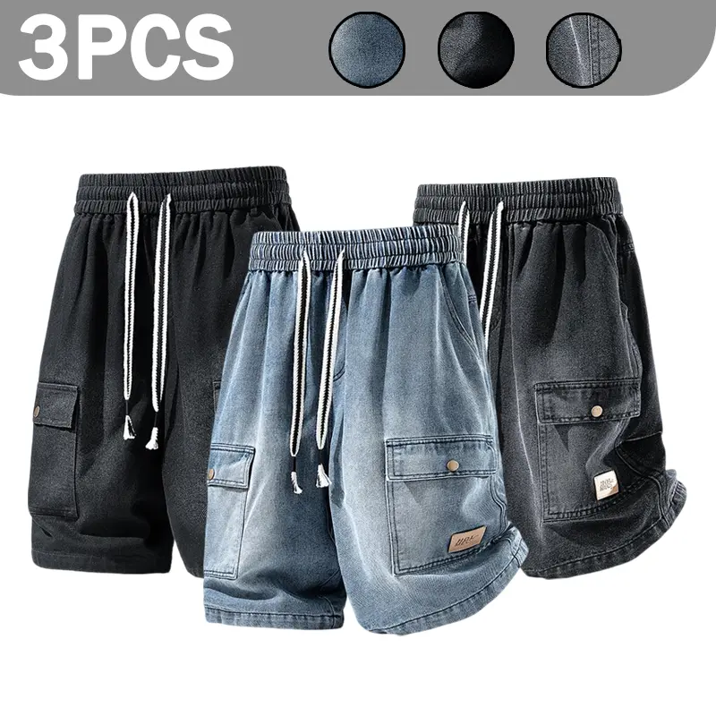 3 Packs Men Elastic Drawstring Waist Denim Cargo Shorts, Vintage Washed Knee Length Jorts, Button Flap Side Pockets Small Label Decor Loose Fit Summer Casual Bottoms, Black & Blue Two Tones Available