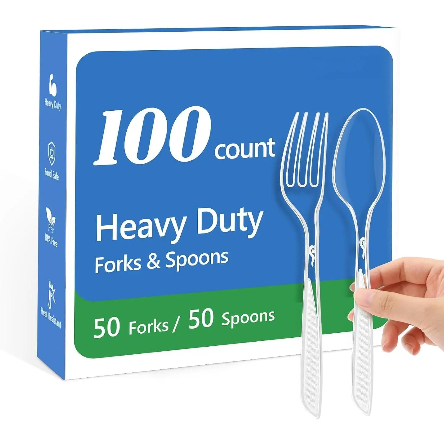 100 Count Plastic Silverware Heavy Duty -50 Forks, 50 Spoons | ,Heat Resistant,Disposable,Bulk, Solid Durable  Cutlery for Parties, Events and Everyday Use
