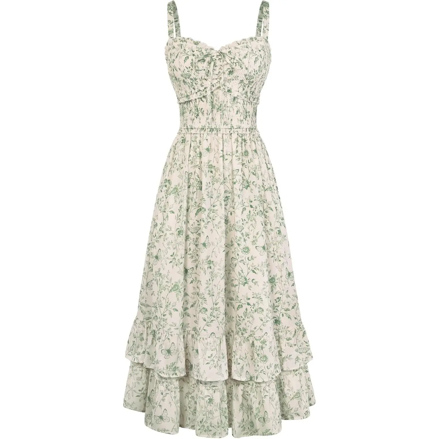 Women's Floral Cottagecore Dress Smocked A Line Casual Milkmaid Sundress with Pockets