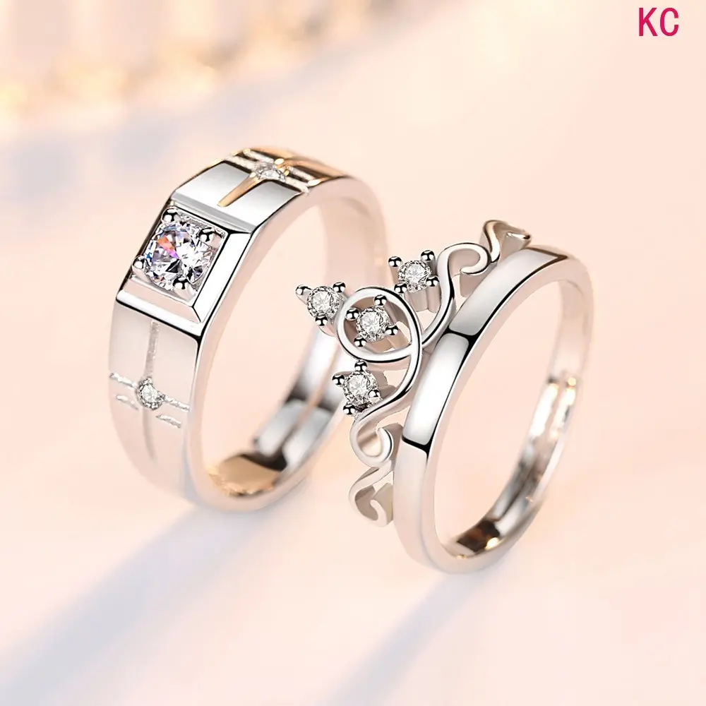 Open Adjustable Simulated Diamond Couple Ring Set For Men And Women, Light Luxury Finger Jewelry, Versatile Fashion Accessories