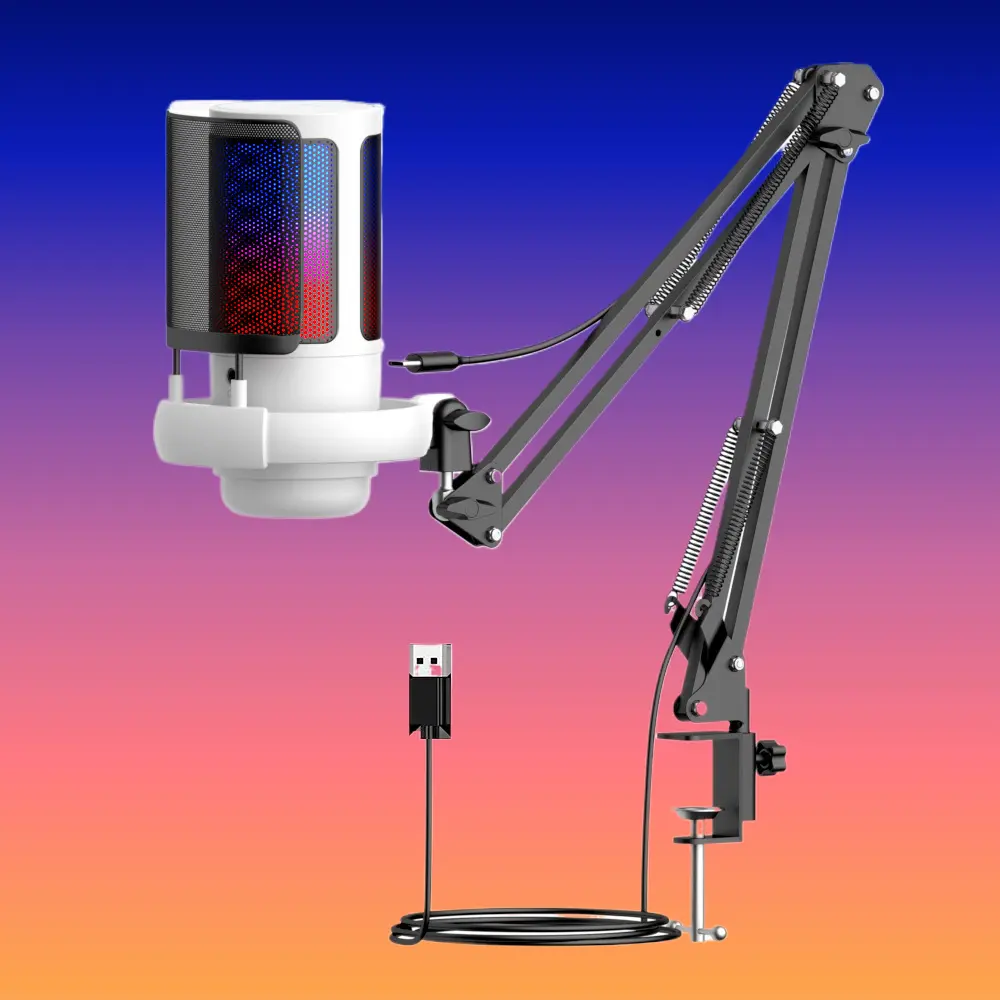 USB Condenser Gaming Microphone with RGB Lighting, Windscreen, USB Plug-and-Play Design for Desktop PCs, Live Streaming and Voice Recording