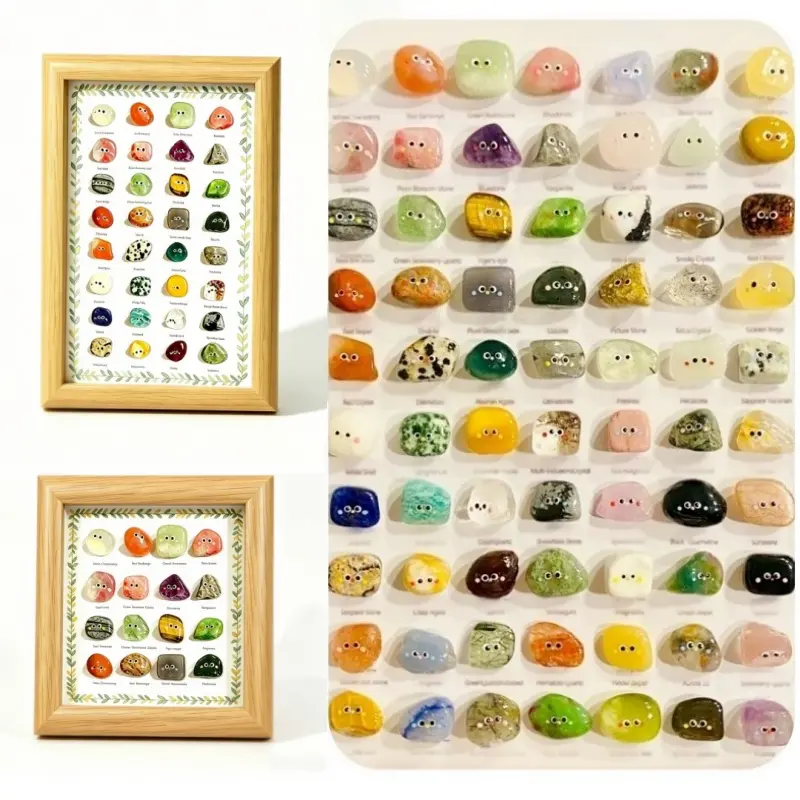 16/32pcs，Cute Crystal Sprite Specimen Photo Frame,Cartoon Face Natural Tumbled Stone Display Frame Mini Mineral Collection Wooden Decor Frame