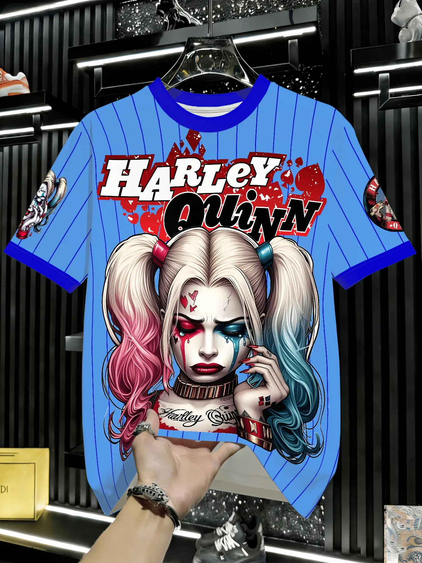 Unisex Striped Round Neck T-Shirt, Harley Quinn Full Print Short Sleeve, Summer Fashion Teen Streetwear, Casual Long T-Shirt