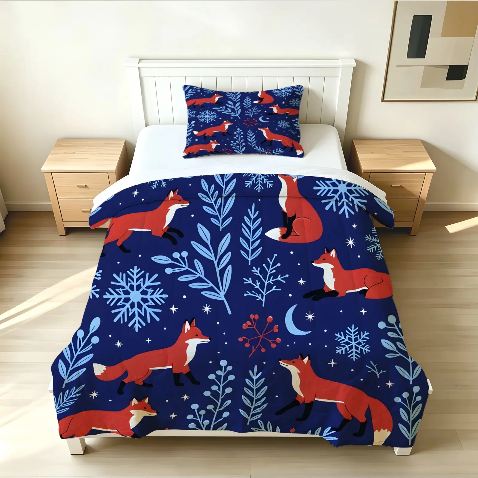 2/3Pcs Four-Season Quilt Set with Natural Fox Illustration Print, Skin-Friendly and Breathable Polyester Fabric, All-Age Universal 4-Season Household Bedding Set (Filling Included, Pillow Inserts Not Included)