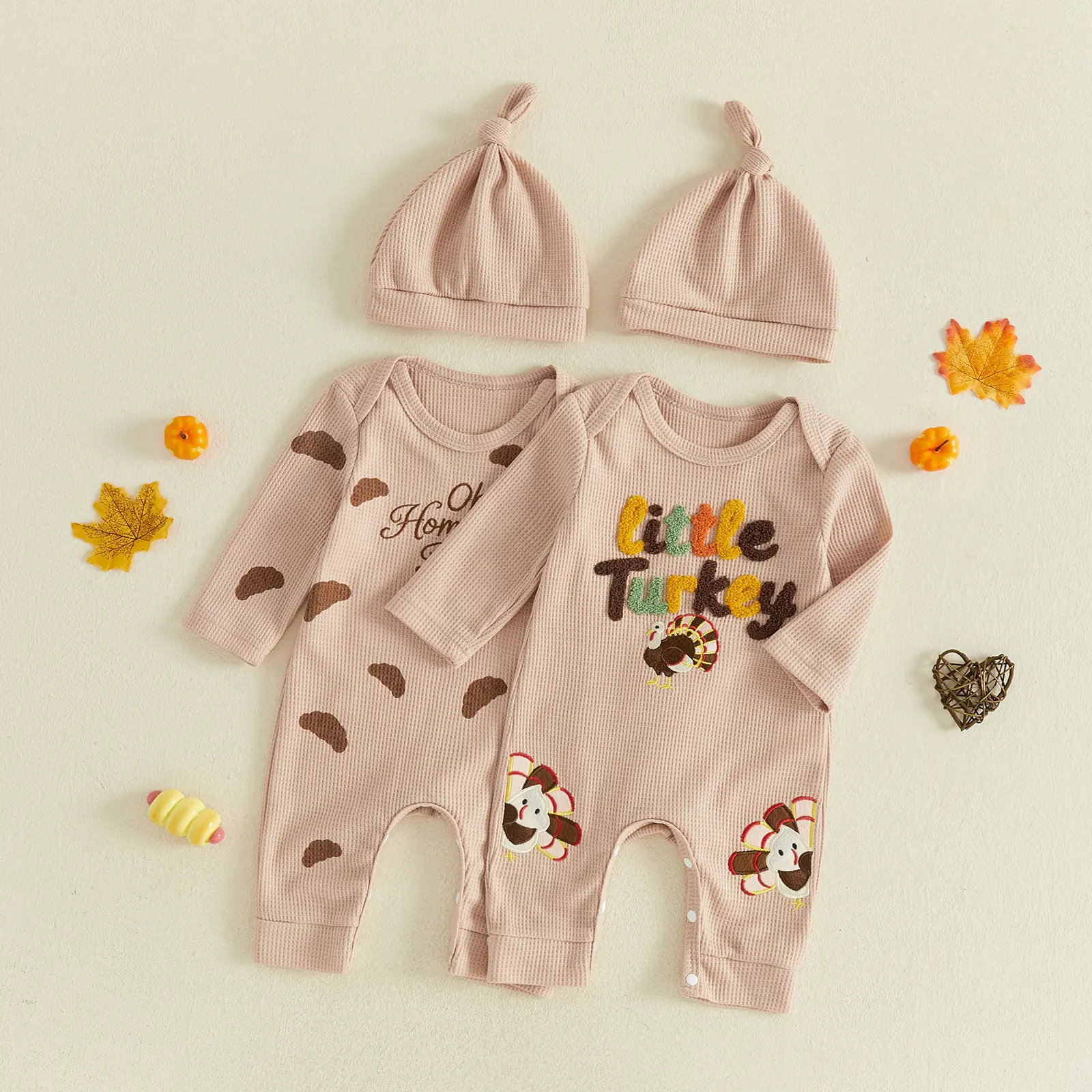 Infant Baby Boys Thanksgiving Outfit Waffle Romper Long Sleeve Turkey Bread Jumpsuit with Hat Fall Winter 0-18 Months