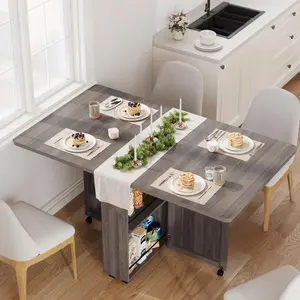 Rolling Folding Dining Table with 6 Lockable Wheels, Space Saving Kitchen Table with Built-in Drawer & Storage Shelves, Compact Dining Furniture in White Brown for Small Kitchen Dining Areas