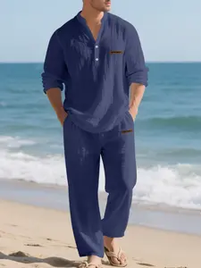 Men's Linen Blouse Set, Loose Fit V-Neck Henry Shirt, Long Sleeve & Pants, Breathable Casual, Fall New Arrival, Trouser