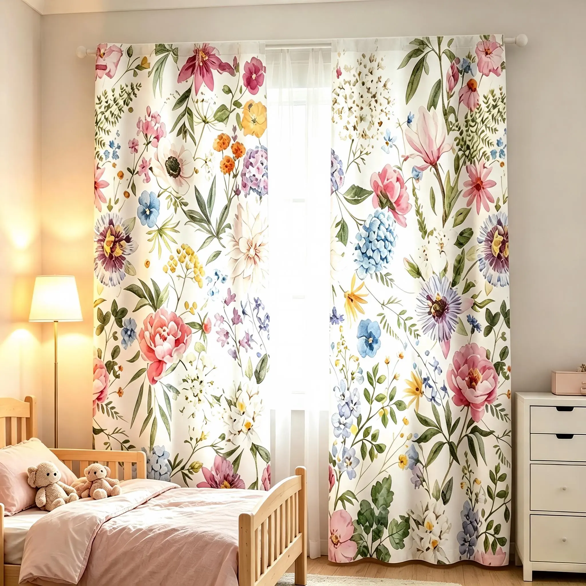 2pc Seamless Floral Pattern Curtains, Watercolor Hand-Painted Summer Flowers, Digital Print Living Room Drapes, Bedroom Furniture Decor