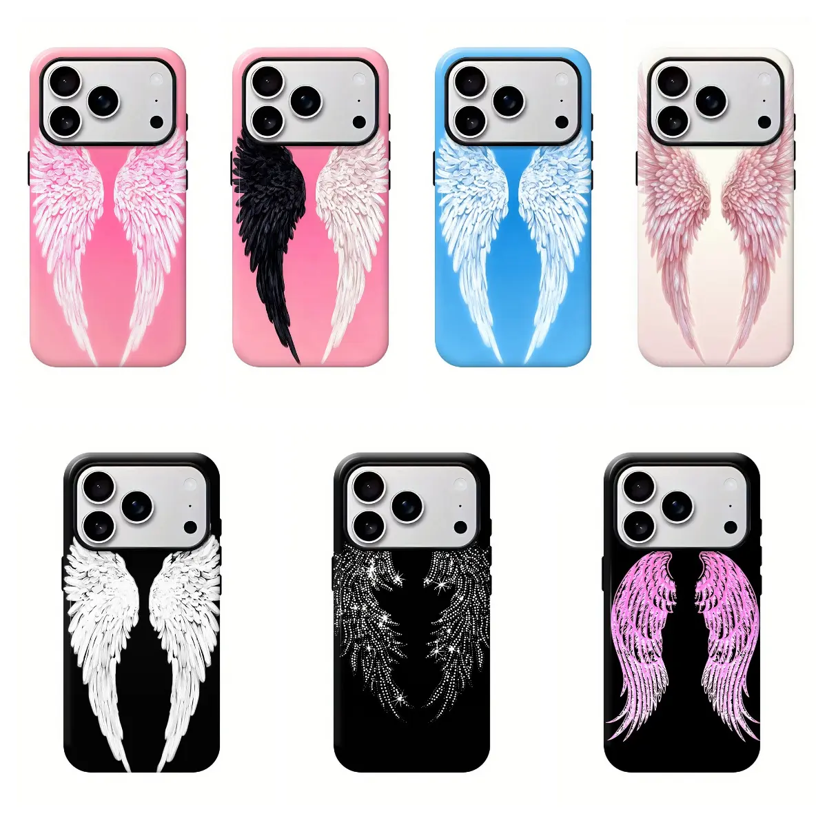 Gothic Dark Aesthetic Hard Phone Case with White Angel Wing Feather Pattern, Full Large Lens Cutout, Matte, Anti-Drop Shockproof, Fits iPhone 11-17, 17 Pro Max, Plus Phone Accessories for Smartphone, Cellphone, Handheld Devices