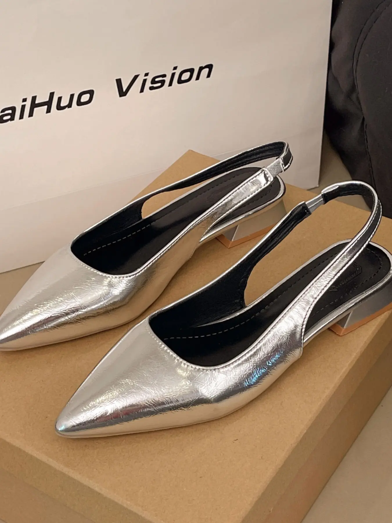 Women Closed Pointed Toe Elastic Slingback Low Block Heel Mules, Cushioned Insole Trendy Everyday Semi-Formal Heels, 4 Colors Silver Black Brown Cream