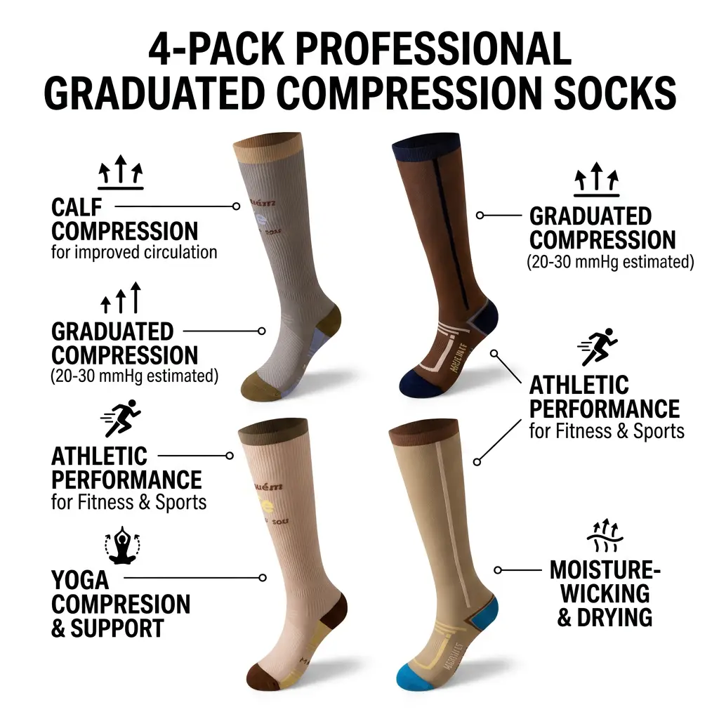 4 Pairs 20-30 mmHg Graduated Compression Calf Socks, Moisture Wicking Athletic Support Socks For Running Yoga Fitness Improve Blood Circulation