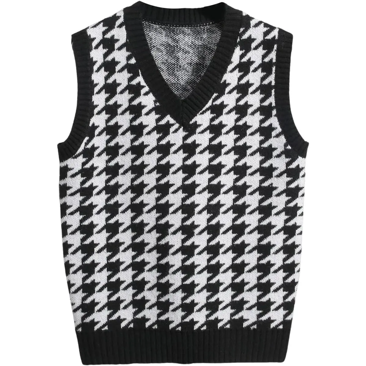 Men's Houndstooth Sleeveless Sweater Vest V Neck Casual Ribbed Knit Top(Gift)