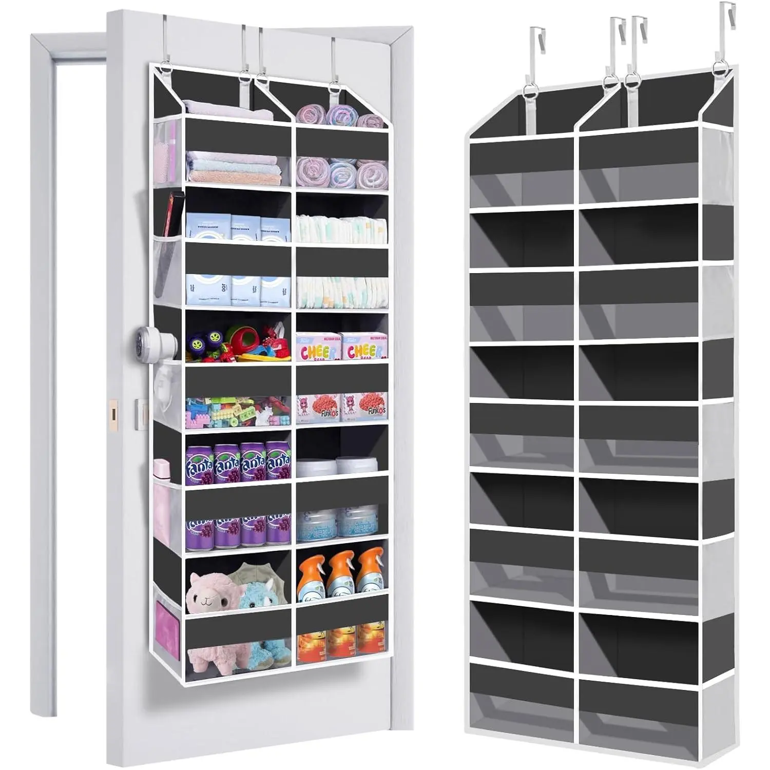 Heavy Duty Over The Door Organizer 5 Tiers, Extra Large Behind Door Storage of 10 Big Front & 10 Mesh Pockets, 80lb Weight Capacity, Hanging Doors Storage Organizer for Closet Bedroom Nursery, Grey