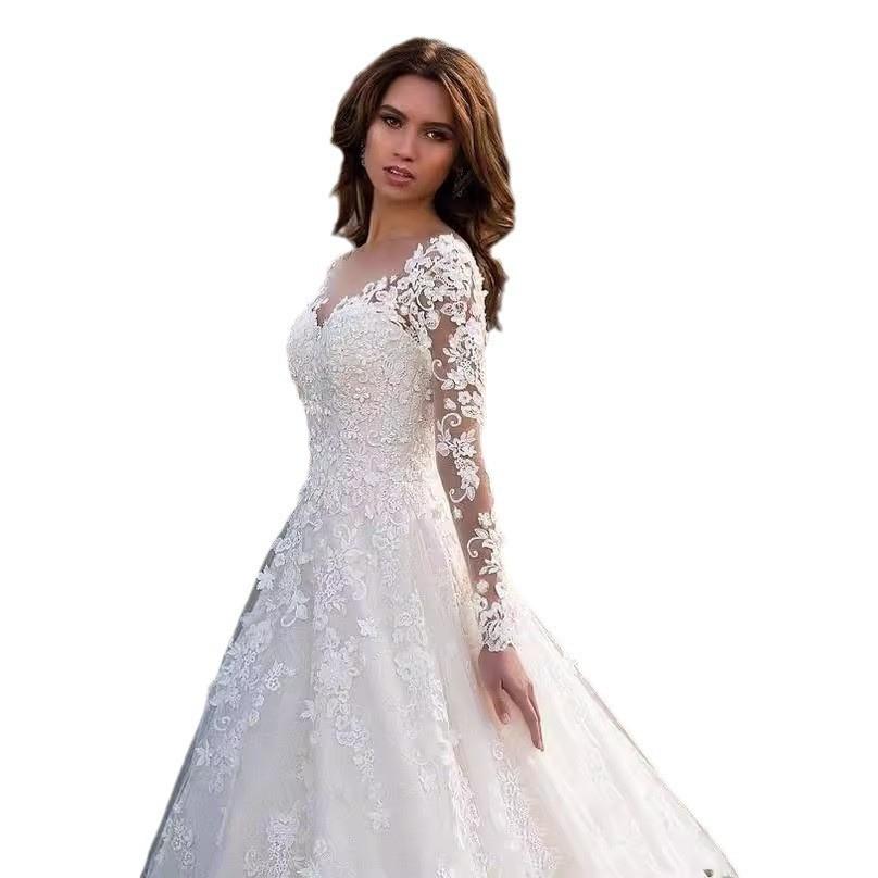 2026 New Style Women's Long-Sleeve Solid Color Sheer Lace Wedding Dress Bridal Gown
