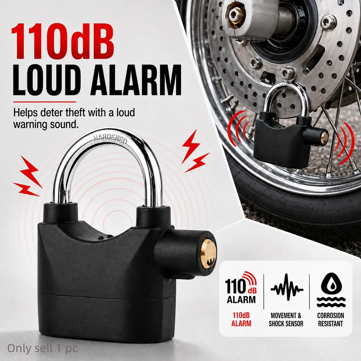 110dB Alarm Hanging Padlock, Outdoor Security Lock with Alarm and 3 Keys, Heavy Duty Anti-Theft Padlock for Garages, Fences, Gates, Sheds, Storage Units and Bikes