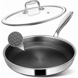 Non Stick Frying Pans, 12-inch with Lid, Hybrid Frying Pans Nonstick Stainless Steel Skillets, Dishwasher & Oven-Safe, Stay-Cool Handle, PFOA Free Cookware, Compatible with All Cooktops