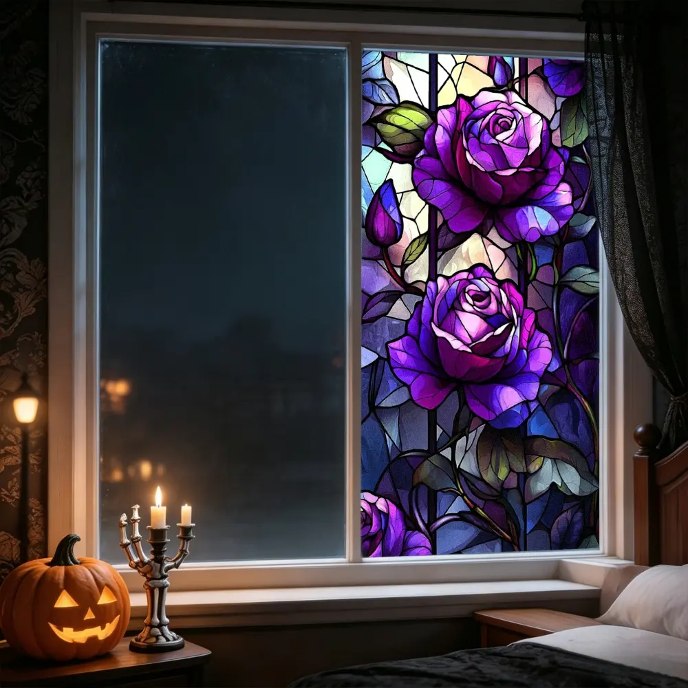1pc, Gothic Style, Purple Rose Stained Glass Art, Halloween Window Privacy Film, Sunscreen Static Cling Window Sticker, Removable Glass Window Decals, Decorative Decal, for Home, Heat Insulation