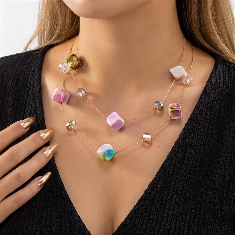 Minimalist Geometric White Aurora Square Necklace for Women Double Layer Locket Chain Elegant Modern Fashion Jewelry