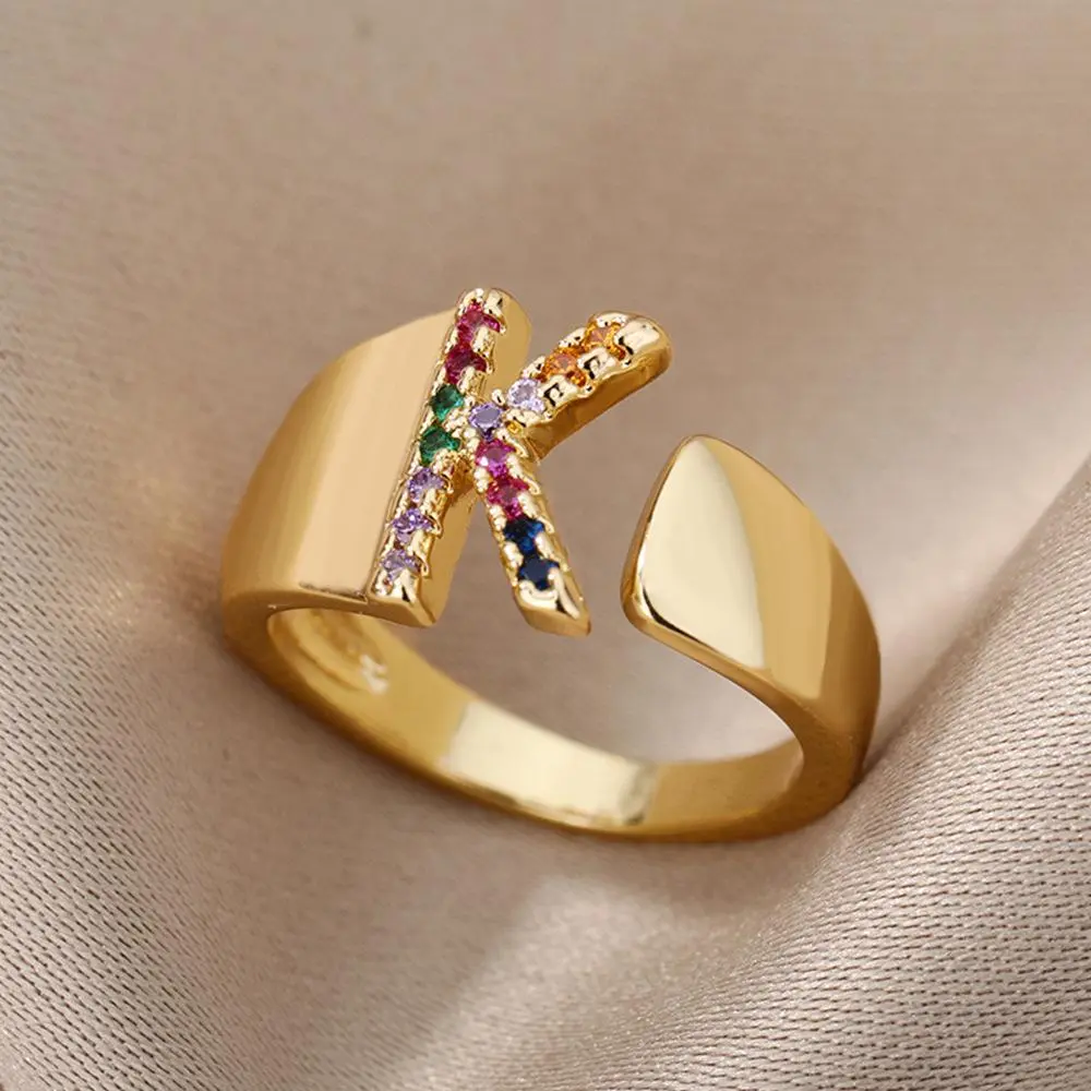 14K Gold Plate Balloon Jumbo Letter Rings, Open Adjustable Dainty Pave CZ Personalized Colorful A-Z Initial Fashion Cuff Ring Resizable Knuckle Rings Daily Vacations, Party Wear, Jewelry, Holiday Gift
