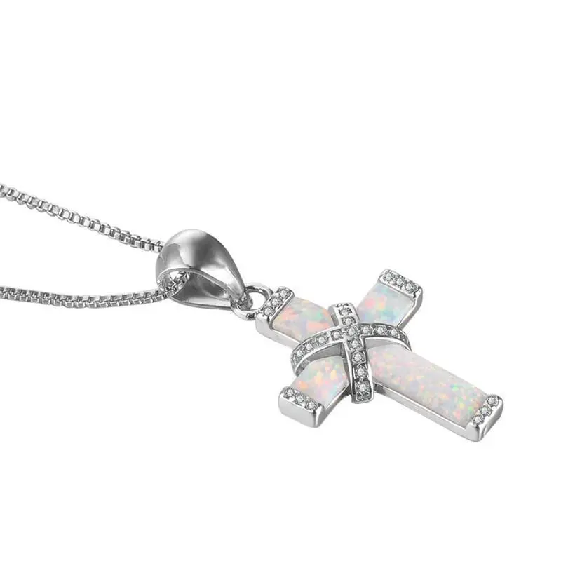 Women's White Cross Pendant Necklace Embellished with Opal and Rhinestones, Elegant Jewelry for Daily Wear, Holiday Birthday Gift