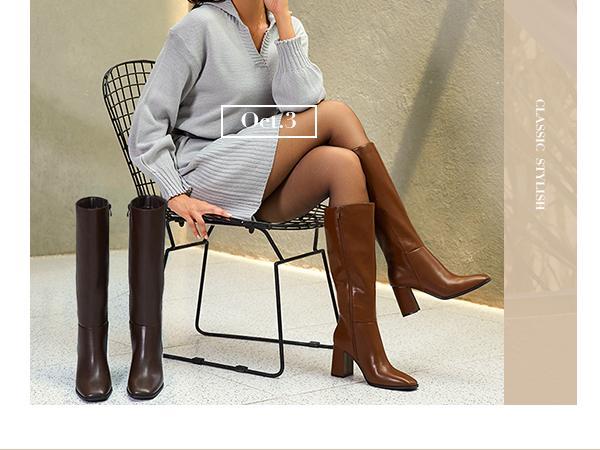Women's Knee High Boots Fashion Chunky Heel Square Toe Tall Boots Side Zipper Long Boots