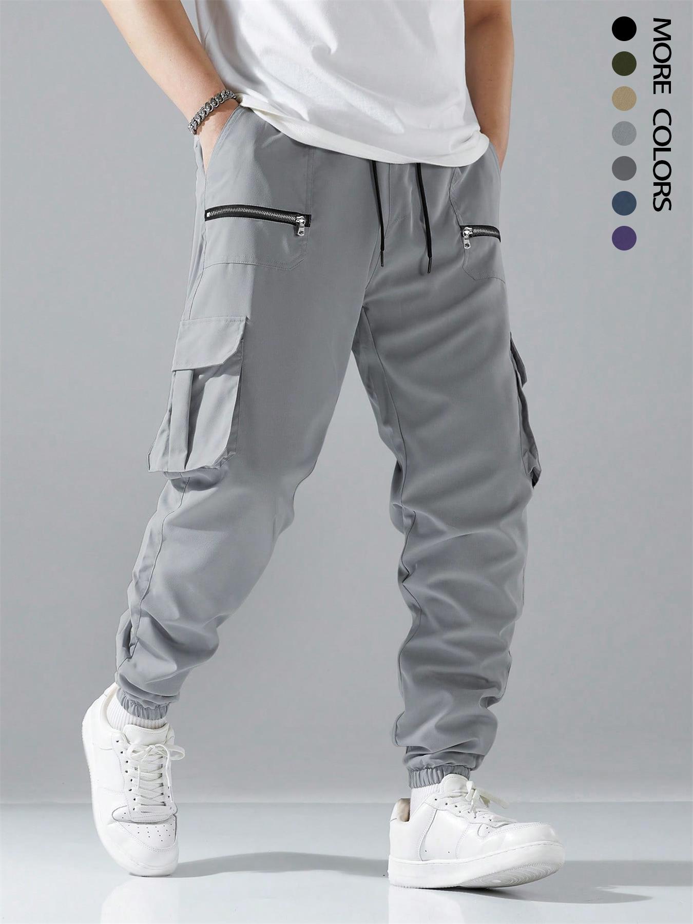 Men's Loose Solid Color Cargo Pants with Drawstring Waist and Pockets, Street Fashion Jogger Trousers for Daily and Outdoor Wear, Suitable for All Seasons