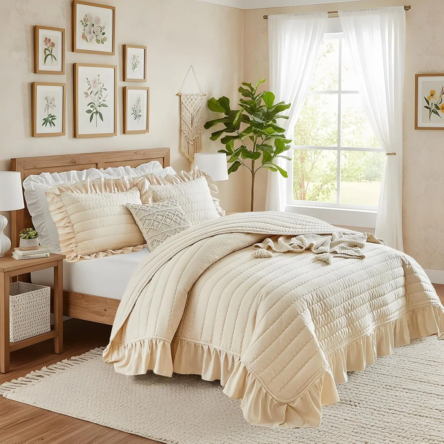 King Size 92*106in Ruffled Quilt Set 3 Pieces - Solid Cream Lightweight Summer Boho Bedspread, Shabby Chic Farmhouse Rustic Bedding Coverlet Set with Shams for Women Men