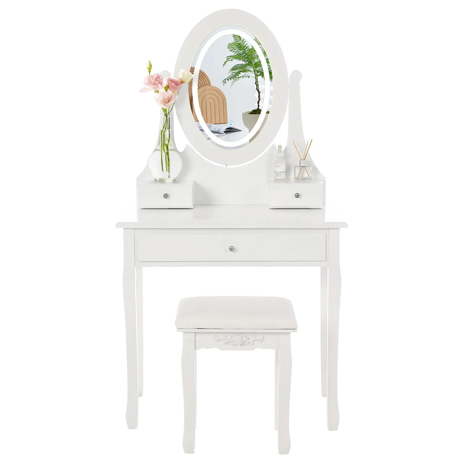 GARVEEVanity Desk with Mirror and Lights - Modern Wood Makeup Dressing Table with Oval Mirror, 3 Lighting Modes, 5 Large Drawers, and Stool - Stylish Bedroom Furniture for Women and Girls, White Finish