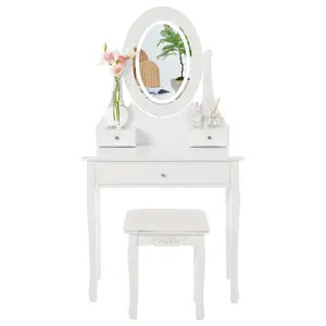 GARVEEVanity Desk with Mirror and Lights - Modern Wood Makeup Dressing Table with Oval Mirror, 3 Lighting Modes, 5 Large Drawers, and Stool - Stylish Bedroom Furniture for Women and Girls, White Finish