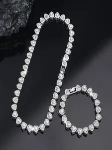 2Pcs Heart Shaped Cuban Chain Jewelry Set, Sparkling CZ Tennis Necklace & Bracelet, Hip Hop Choker for Women/Men, Luxurious Gift for Valentine's Day, Birthday, Party, Everyday Wear for Teens