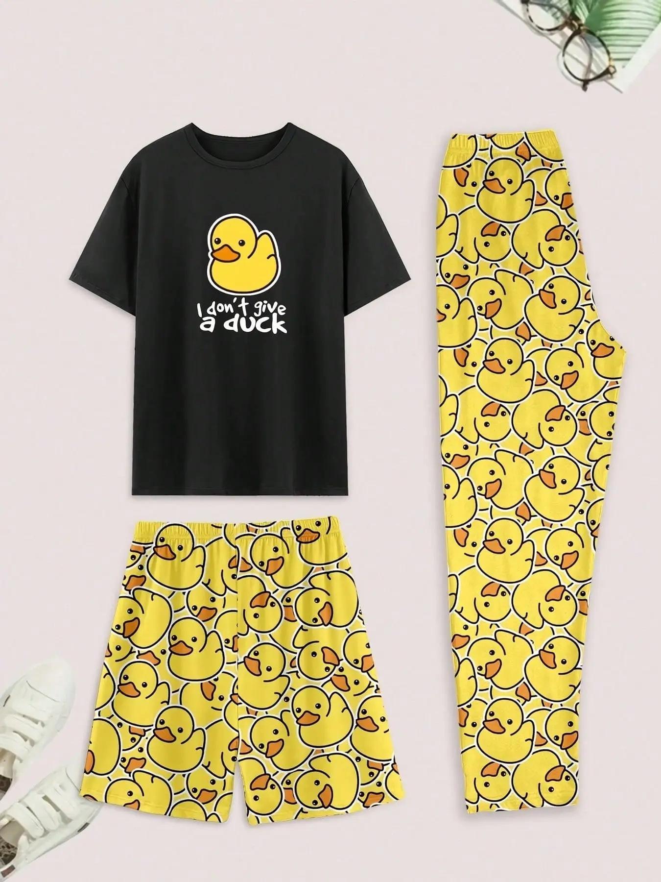 Boys' Cute Duck Home Set, Colorblock Letter Print, Short Sleeve, Shorts & Long Pants, Multi-Use Bedroom Lounge Wear