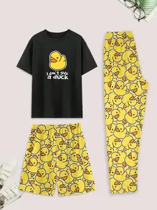 Boys' Cute Duck Home Set, Colorblock Letter Print, Short Sleeve, Shorts & Long Pants, Multi-Use Bedroom Lounge Wear