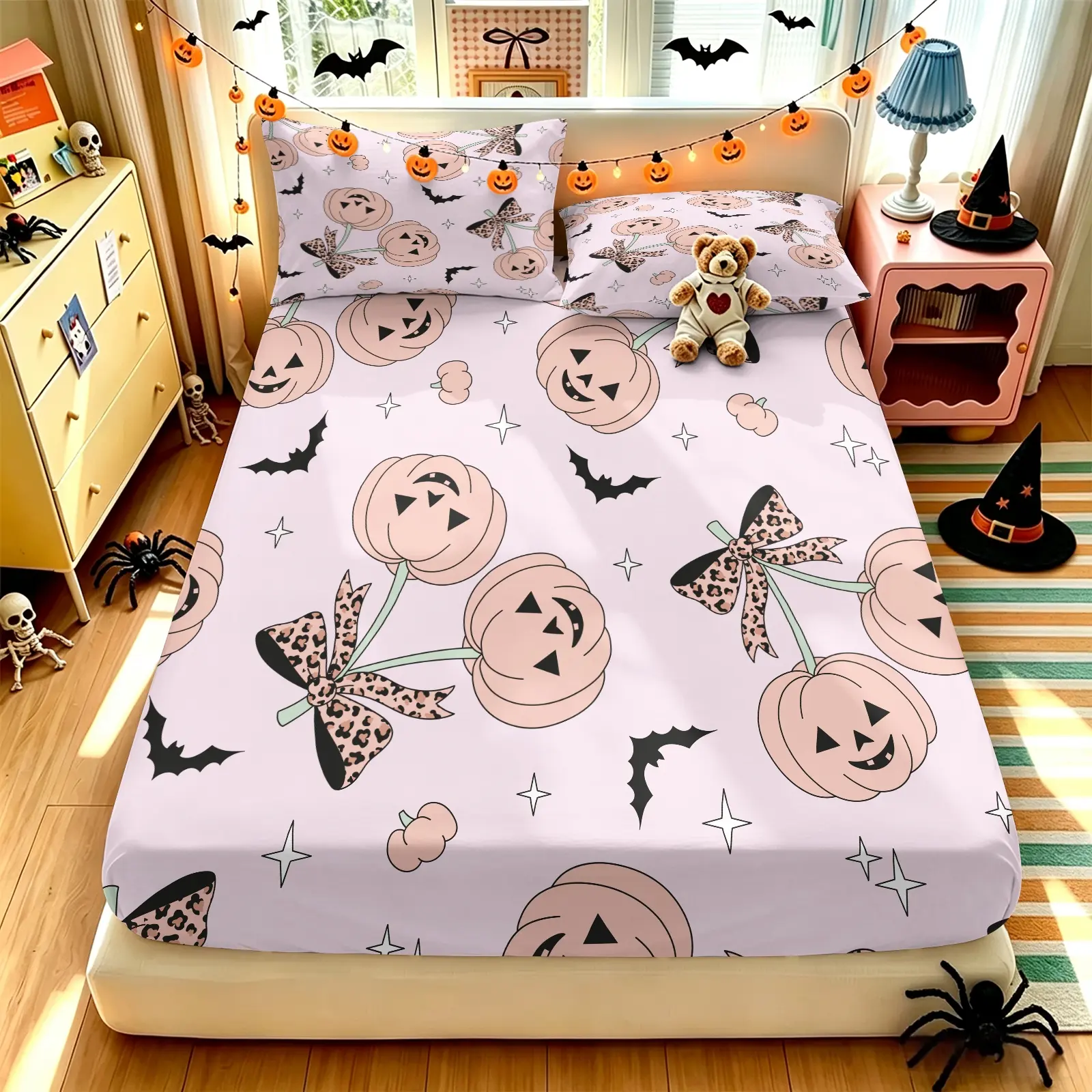 Sweet Coquette‑Inspired Halloween Themed Print Fitted Sheet Set, 1 Fitted Sheet & 2 Pillowcases, Pastel Pink Jack‑O‑Lantern Leopard Bow Bat Star Print Bedding Set, Soft Elastic Fitted Bed Cover For Halloween Themed Room Dorm Home Decor