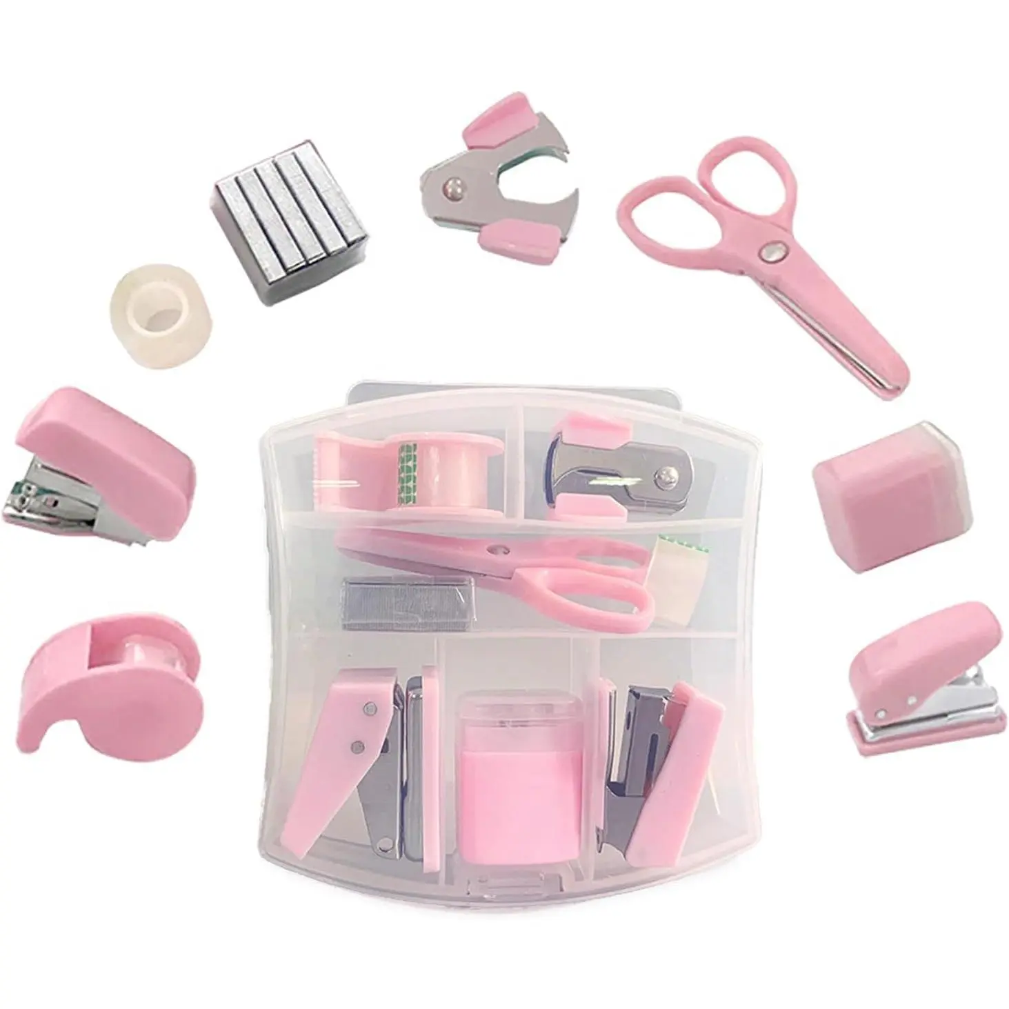 8 Pack Mini Office Supply Kit Portable Case with Scissors,Tape Dispenser Set, Punch,Pencil Sharpener, Mini Stapler with Staples and Staple Remover (Pink)