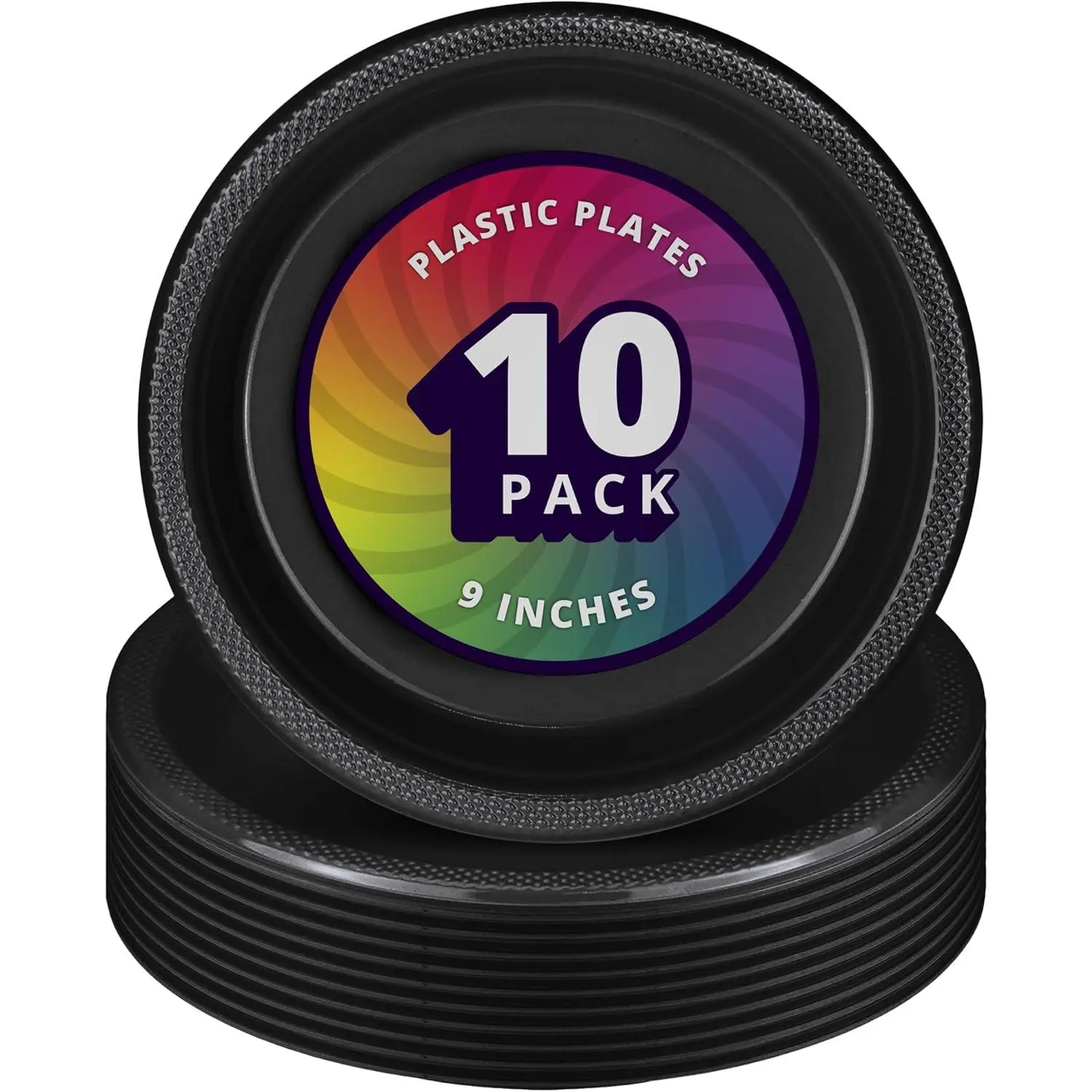 10 Large Plastic Plates, Heavy Duty 9 inch Colored Plastic Dinner Plates, Disposable Party Ware for  Birthday, Cake Dessert Plates, Holiday Tableware, Black (Pack of 10)