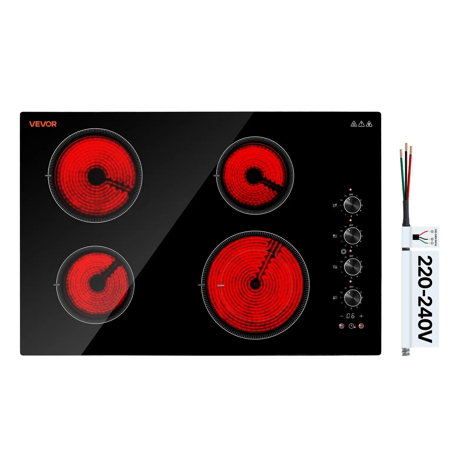 VEVOR 30in Ceramic Built-in Radiant Electric Cooktop - 4 Burners, 6700W Power, 220V (No Plug), 11 Power Levels, Timer, Child Lock, Overheat Guard, Knob-Touch Control