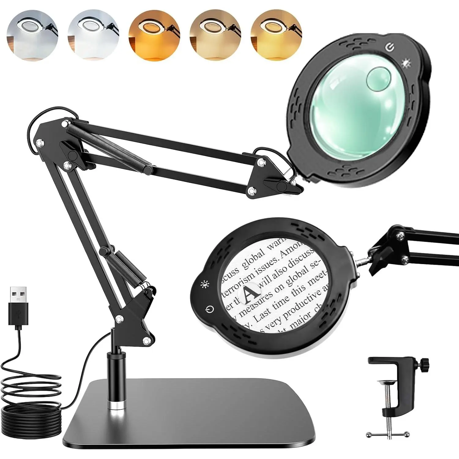 LED Desk Magnifying Glass with Light & Stand - 10X/30X Real Glass Lens, 5 Color Modes, 3 Brightness Levels, Unisex Tabletop Clamp Hands-Free Lamp for Seniors, Reading, Jewelry