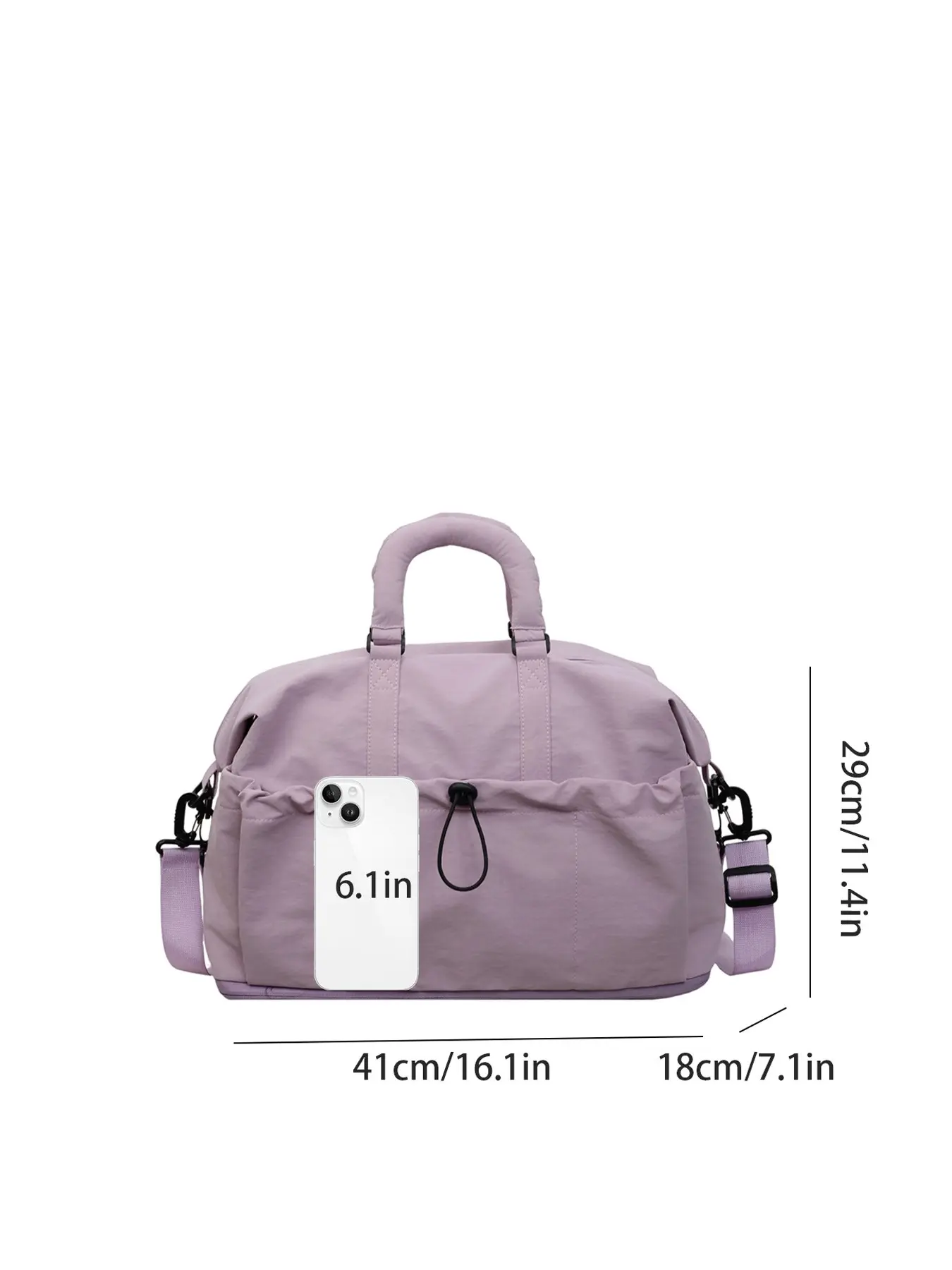 1pc Soft Lavender Purple Fabric Women Horizontal Tote Bag Large Front Drawstring Pocket Dual Reinforced Hand Straps Detachable Wide Webbing Crossbody Strap Bottom Expandable Zipper Roomy Compartment Bag For Ladies Short Trips Gym Dorm Clothes Storage