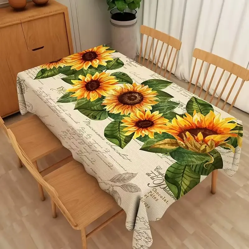 2D Flat Party Tablecloth 1pc, Sunflower Pattern Rectangular Tablecloth, Vintage Farmhouse Style, Kitchen Dining Outdoor Tablecloth, No Power Needed