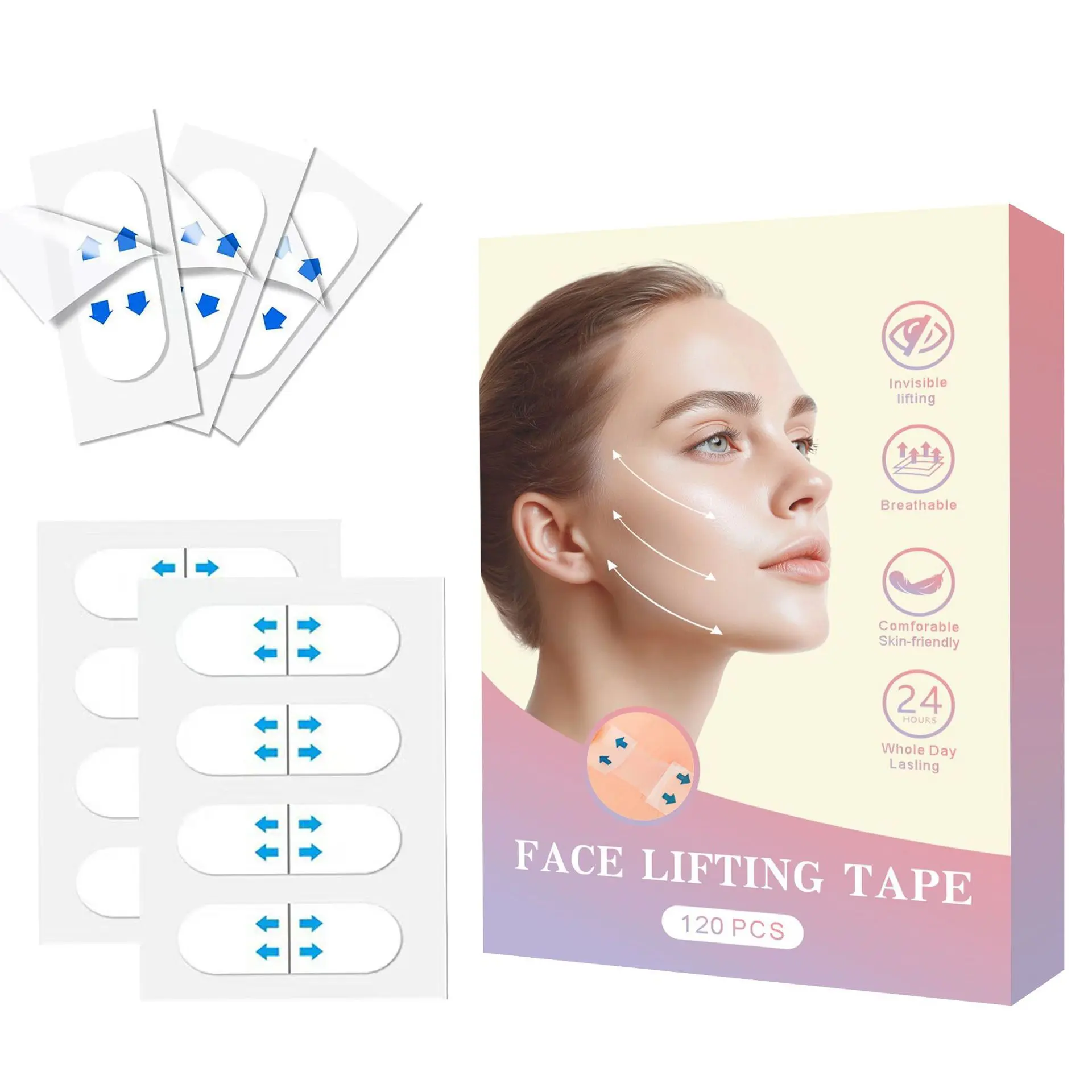 120 Pcs Face Slimming Patches 120 Patches/Box Set, Daily Wear Facial Area Jawline Lift V-Line Tape, 10-Hour Waterproof Ultra-Thin Invisible Beauty Tape for Double Chin & Fox Eye Look